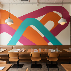 A restaurant dining room wallpaper mural featuring overlapping geometric shapes in vibrant colors, creating a sense of movement and energy