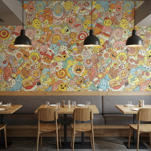 A restaurant wallpaper mural filled with colorful and playful doodles, creating a sense of whimsy and fun.