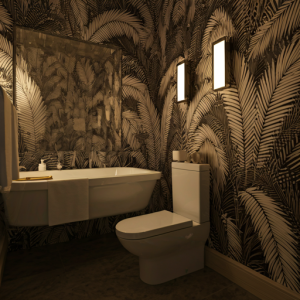 A touch of luxury to a bathroom with a spa-like feel using a black and white palm tree wallpaper.