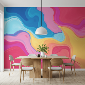 A wallpaper for dining room mural with swirling, fluid shapes in a range of bright colours. The colours blending and merging into each other, creating a sense of dynamism and artistic expression.