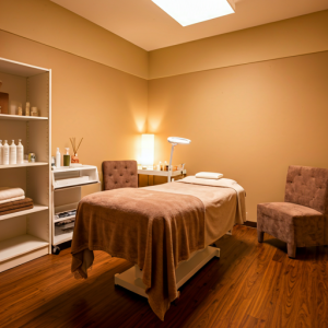 A well-equipped beauty spa treatment room with comfortable treatment bed, chair, and storage space for products and equipment.