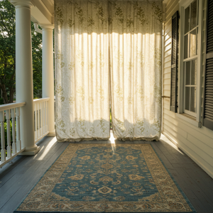 An area rug and curtains on a pretty front porch. The decorative curtains make the space cozy and help block glare from the sun. 