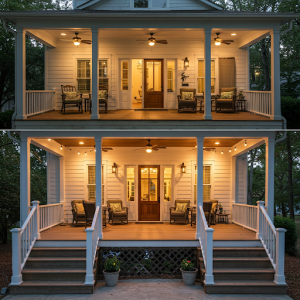 An open two-sided porch. It involves two staircases that lead to the entrance on both sides and are located along the façade wall.