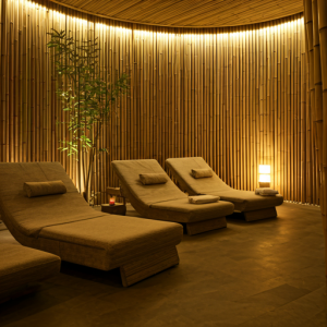 Beauty Spa relaxation lounge tranquil and peaceful interior design, with natural elements like bamboo and stone.