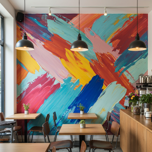 Cafe mural featuring bold, expressive brushstrokes in a variety of colours. The brushstrokes are thick and textured, creating a sense of spontaneity and energy.