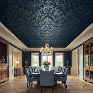 Classic damask wallpaper for a formal dining room ceiling .