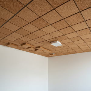 Cork covering the ceiling for soundproofing.