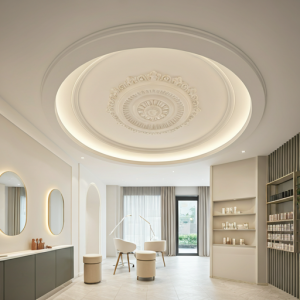 Curved gypsum ceiling and medallion in a beauty parlour