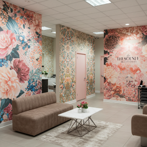 Floral murals, a classic choice for beauty salon waiting room.