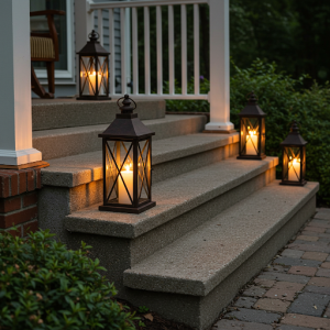 Functional and aesthetically pleasing porch steps. Lanterns for both functionality and visual appeal.