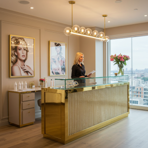 Glamorous gold and glass salon welcome desk