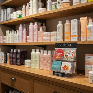 Hair and beauty salon shelf with products for sale + a display for gift cards