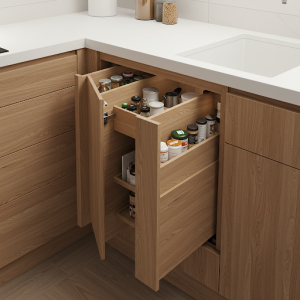 Hidden compartments behind kitchen cabinet doors offer discreet storage for smaller items