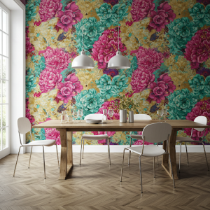  Large-scale floral prints wallpaper make a bold statement. Vibrant colors to energize the dining space.