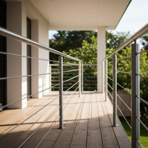 Minimalist, open feel, stainless steel modern porch railing.