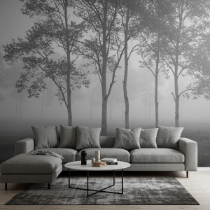 Misty series of black and white slender trees wallpaper mural