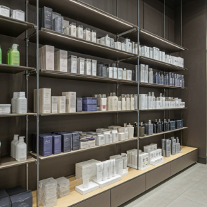 Modern-day hair and beauty salon sleek and minimalist products' retail shelves 