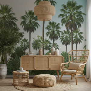 Monochrome palm tree wallpaper paired with natural materials, rattan furniture.