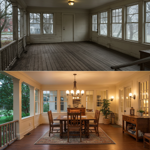 Porch remodeling into a dining room.