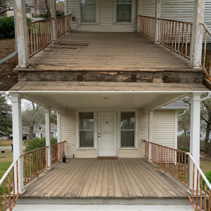 Porch renovation, replacing rotting wood, reinforcing sagging floors, and updating rusted railings.