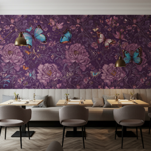 Purple floral wallpaper with butterflies in a restaurant