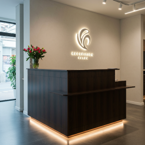 Reception desk incorporating your salon's branding or logo.