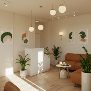 Salon reception interior decoration with live plants and images that encourage relaxation. 