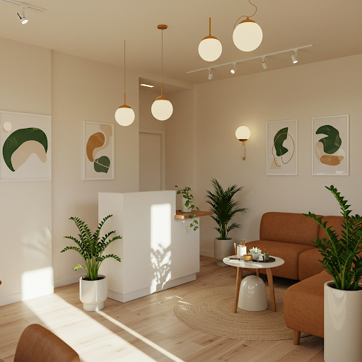Salon reception interior decoration with live plants and images that encourage relaxation. Salon reception interior decoration with live plants and images that encourage relaxation.