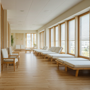 Sanatorium interior design with a focus on natural light and ventilation. Soft colors, natural materials like wood, and comfortable furnishings create a relaxing atmosphere.