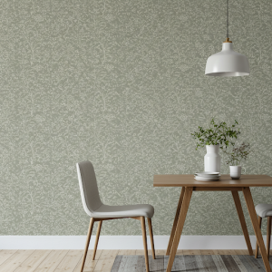 Small-scale grey and muted green floral patterns wallpaper for small home dining room