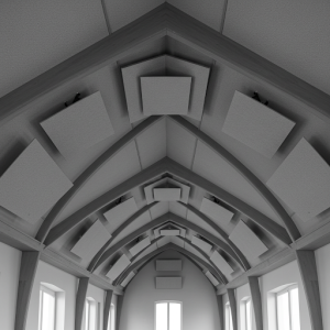 Sound-absorbing panels on vaulted ceiling sloped surfaces and along the peak of the vault effectively absorbs sound waves, reducing echoes and reverberation.