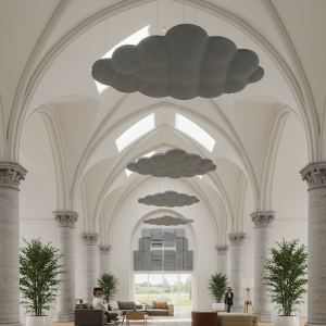 Suspending sound-absorbing baffles or clouds within the vaulted ceiling space can effectively capture and absorb sound waves