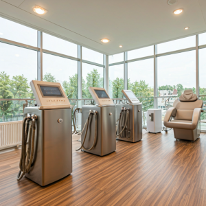 The body shaping salon is well-lit and airy, with ample room for movement and equipment. High-quality stainless steel and glass are for hygiene.