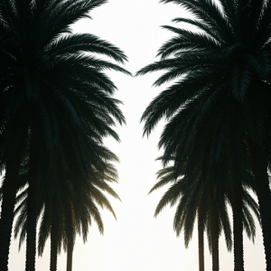 The stark contrast between the dark silhouettes of the palms and the bright white background creates a dramatic and sophisticated effect that commands attention.