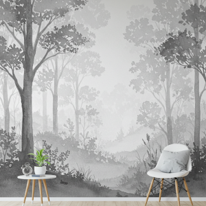 Watercolour forest art mural offering a softer, more artistic feel with flowing lines and gentle contrasts.