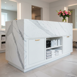 White marble salon reception counter with storage