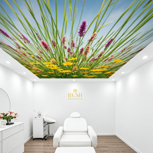 Wildflowers swaying gently in the breeze Beauty Parlour Ceiling Wallpaper. Plain walls.