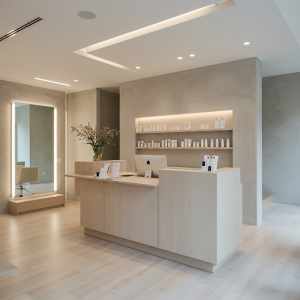 a Modern Minimalist Salon Reception design with clean lines and a light wood finish.