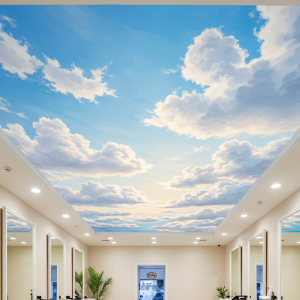 a sky full of clouds painted on hair salon ceiling, mimicking a serene summer day