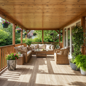 a spacious porch is equipped with a recreation area with garden furniture