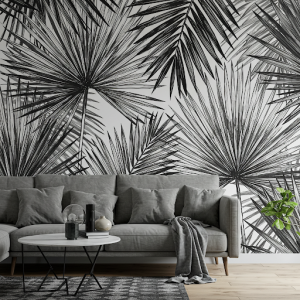 black and white stylized representations of palm leaves. Nature Wallpaper Mural.