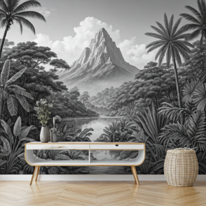 black and white tropical landscape mural