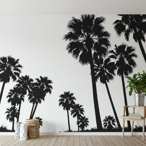 bold black silhouettes of palm trees dramatically outlined against a stark white background