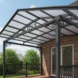 canopy over the porch on a metal frame with forged elements and cladding made of metal and polycarbonate