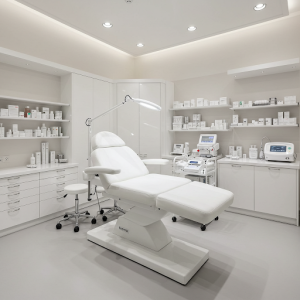 facial correction salon with light-colored walls and flooring, well-lit, adjustable lighting, and a comfortable and adjustable treatment bed, with ample storage space for equipment and products.
