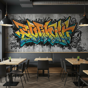 large street art wallpaper to make a statement and create a focal point in the restaurant.