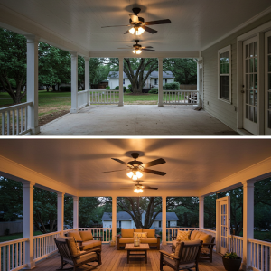 Before and after installing ceiling fans for comfort and lighting for ambiance.