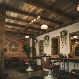 rustic, wooden ceiling ceiling design for a bohemian barbershop.