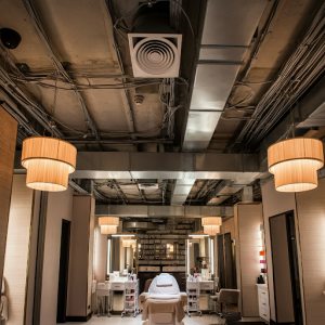 suspended ceiling in a beauty spa hiding electrical wires and ventilation system