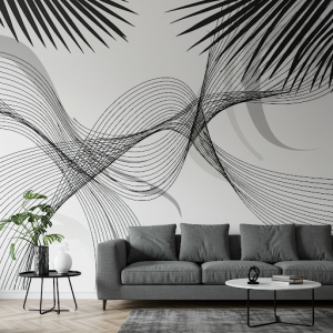 swirling lines and abstract forms that evoke the feeling of a gentle breeze rustling through palm fronds- wallpaper mural.